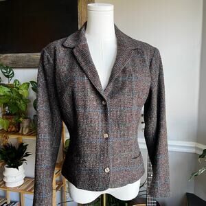 Vintage 60s Handwoven Irish Wool Brown Plaid Blazer Jacket Size Small